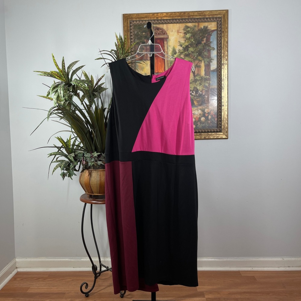 Lane Bryant Sheath Dress Womens 26 Black Pink Rayon Colorblock Sleeveless